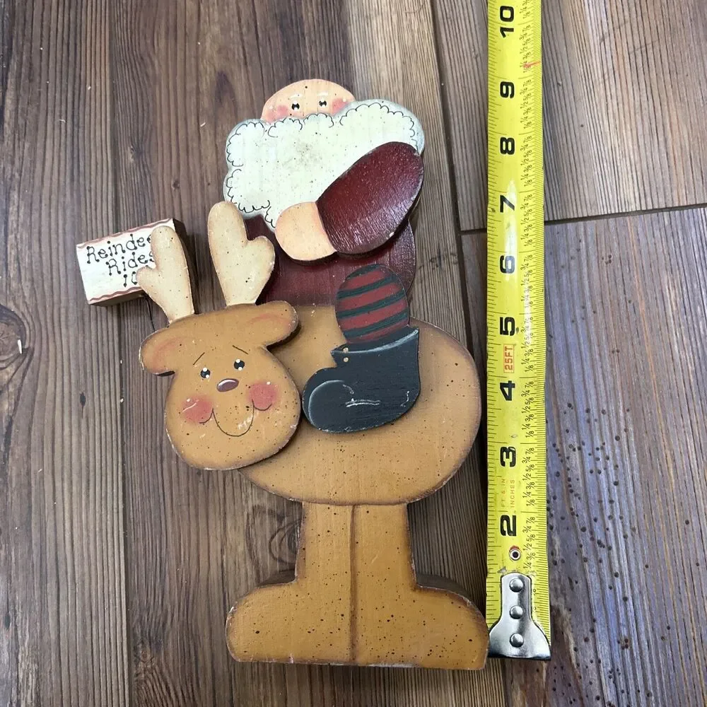 Vintage Hand Painted & Carved Wood Crafted Santa Claus Riding Reindeer Rudolph